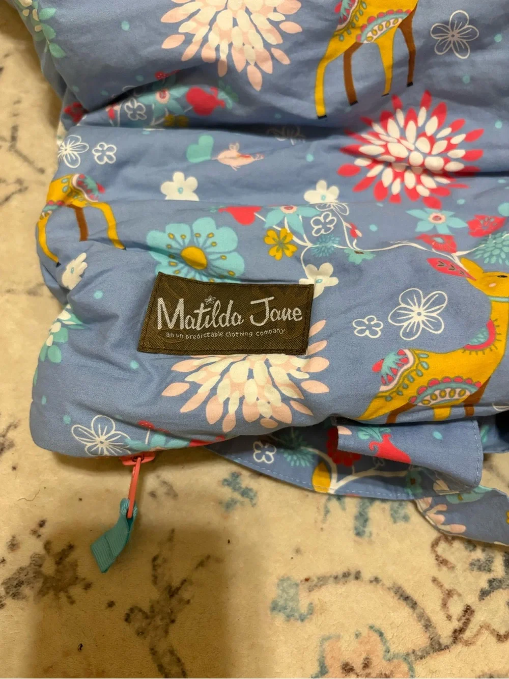 Matilda Jane. Blue Floral & Deer Ruffle Sleeping bag. Like New!